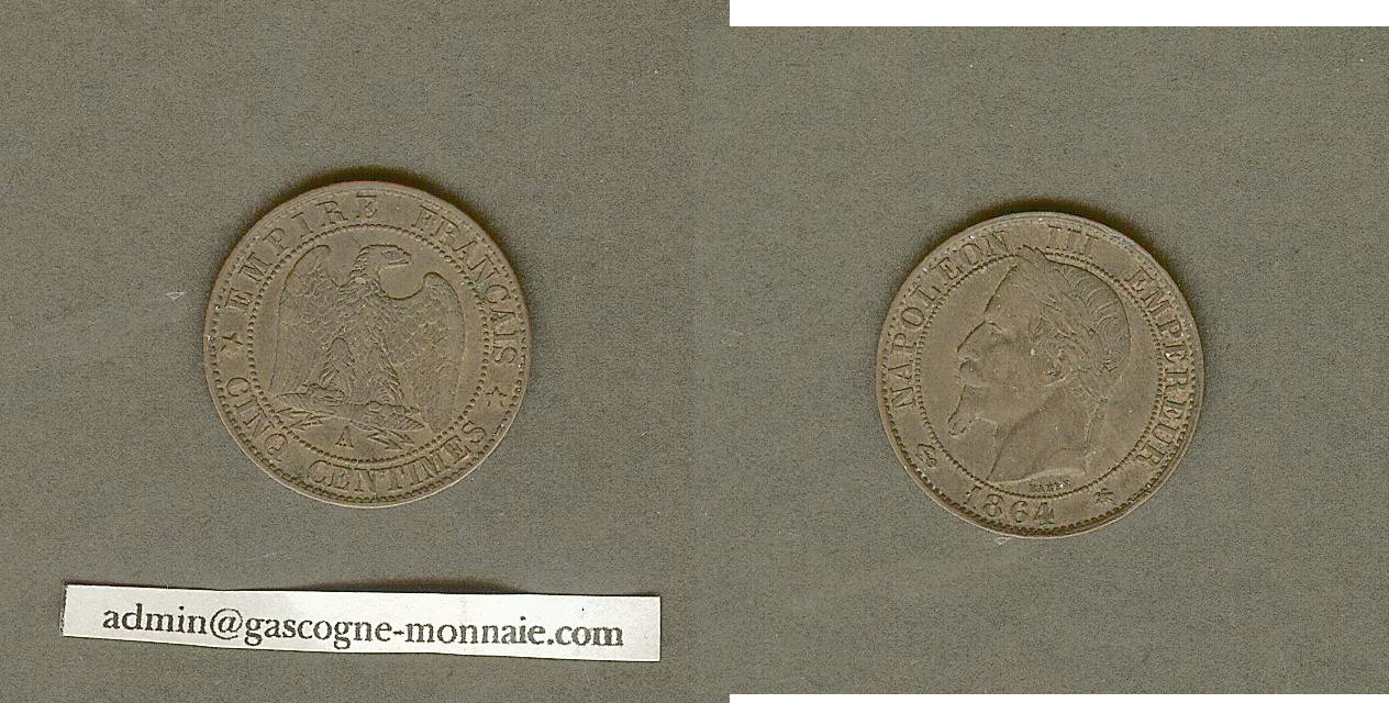 Cinq centimes Napoléon III, tête laurée 1864 Paris TTB+